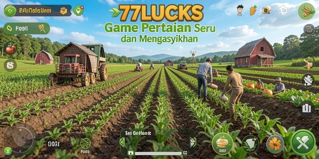 Tangkapan layar gameplay menarik dari 77LUCKS yang menunjukkan aktivitas pertanian.