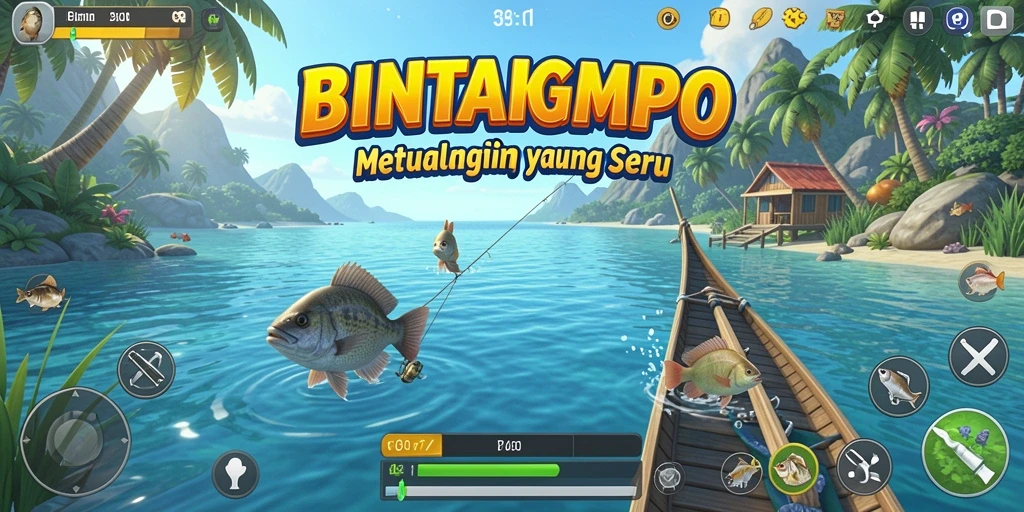 Gameplay BINTANGMPO dengan aksi memancing yang seru.