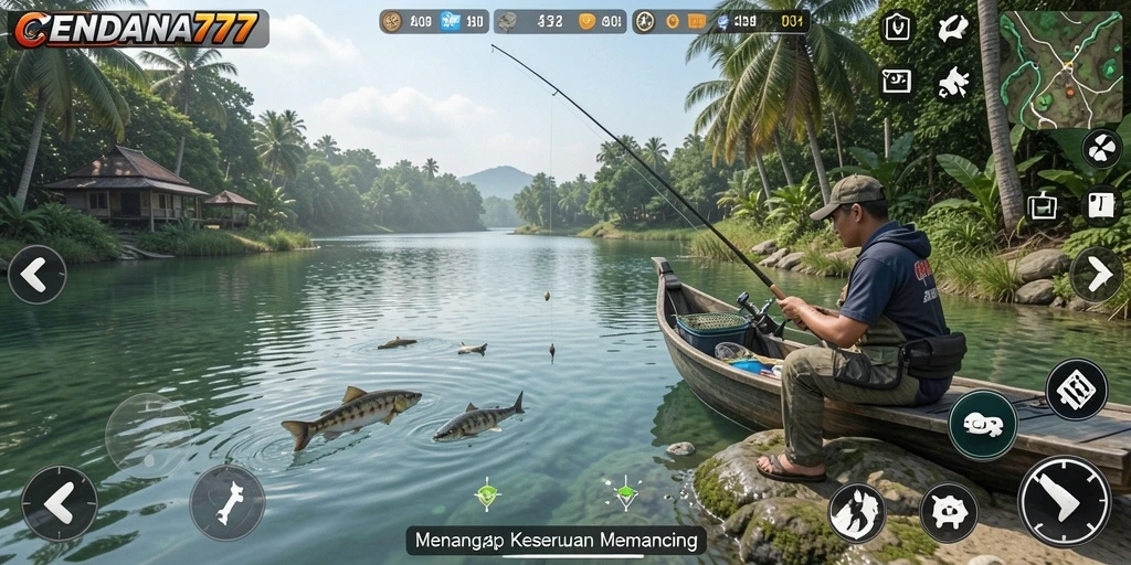 Gameplay CENDANA777 menunjukkan aksi seru memancing di laut.