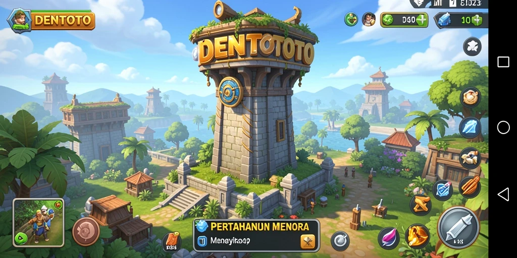 Tangkapan layar gameplay DENTOTO yang menampilkan aksi pertahanan menara yang mendebarkan.