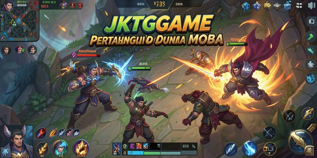 Screenshot utama JKTGAME menampilkan pertarungan seru dalam arena MOBA.