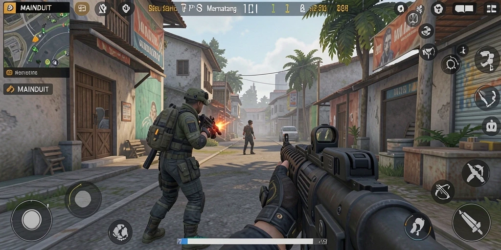 Screenshot utama MAINDUIT menampilkan tindakan seru dalam game TPS.